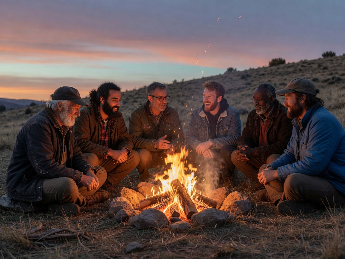 Men of different ages around a fire at dusk