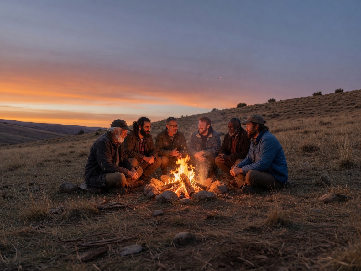 Men of different ages around a fire at dusk