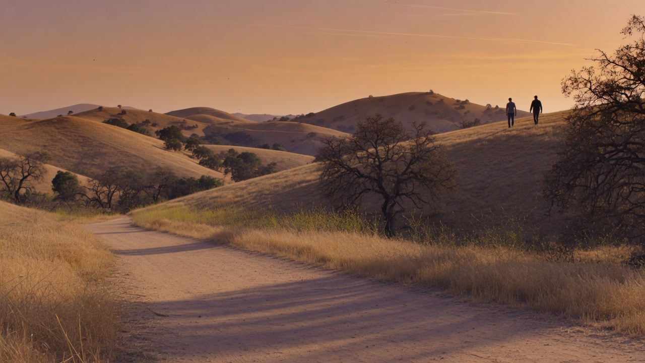 A dirt trail through dry hills at dusk