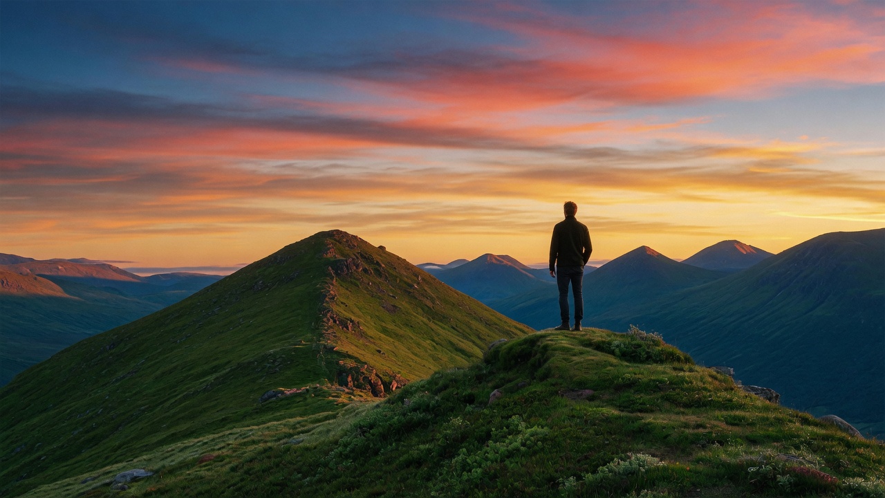 A man standing on a green ridgeline under a coral and gold dawn sky