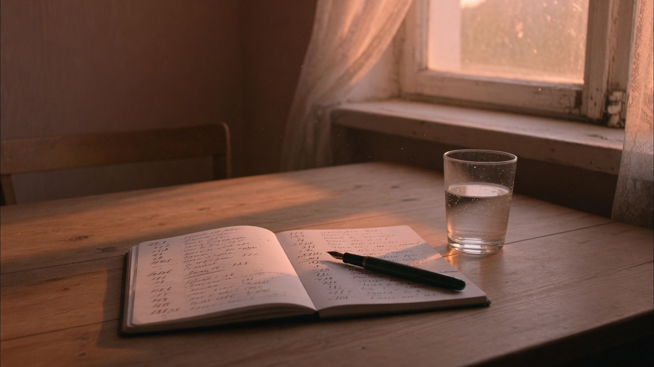 A notebook of handwritten numbers on a wooden table at dusk